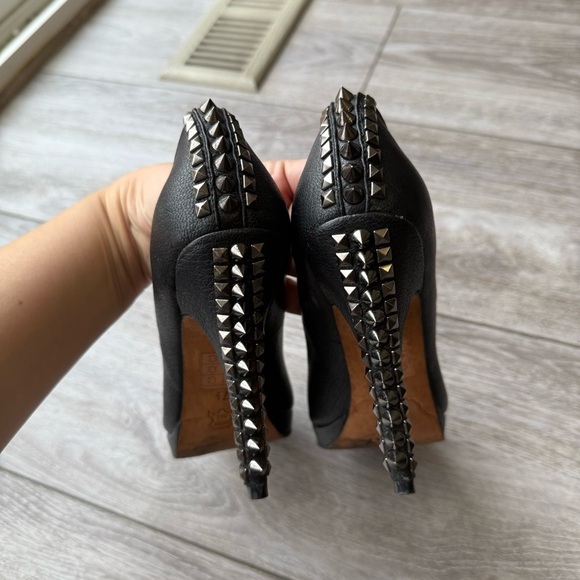 BCBGMAXAZRIA  Roxanne Black High All Leather Spikes Heel Peep Toe Rocker Pumps - Picture 5 of 15